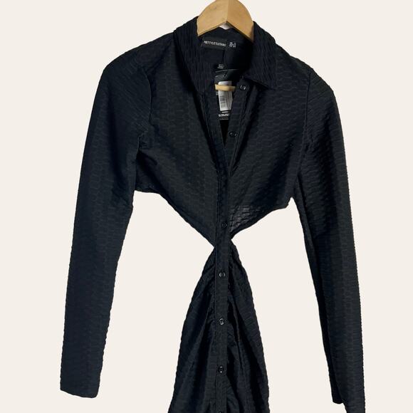 PrettyLittleThing Black Textured Cut Out Waist Midi Shirt Dress Size 2 - Picture 5 of 9